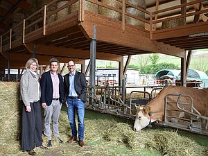 Tre persone e una mucca in una stalla.