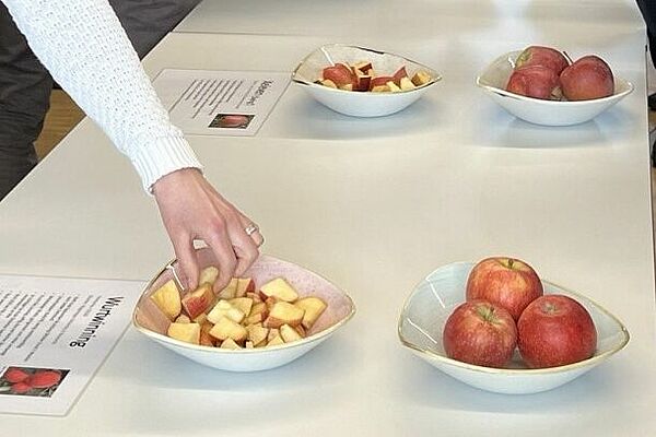 Une table avec des pommes, entières et coupées, dans des coupes. Des personnes se tiennent autour de la table et saisissent parfois les pommes.