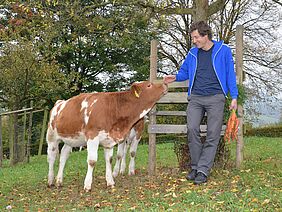 A man is leaning on a tree, a calf nuzzles his hand.