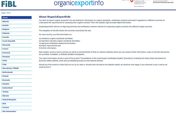 A screenshot of the website OrganicExportInfo
