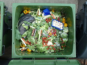A food waste bin filled with various vegetables.
