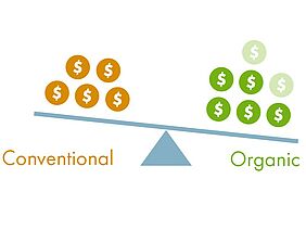 A scale has more dollar signs on the right for organic than on the left for conventional cultivation.