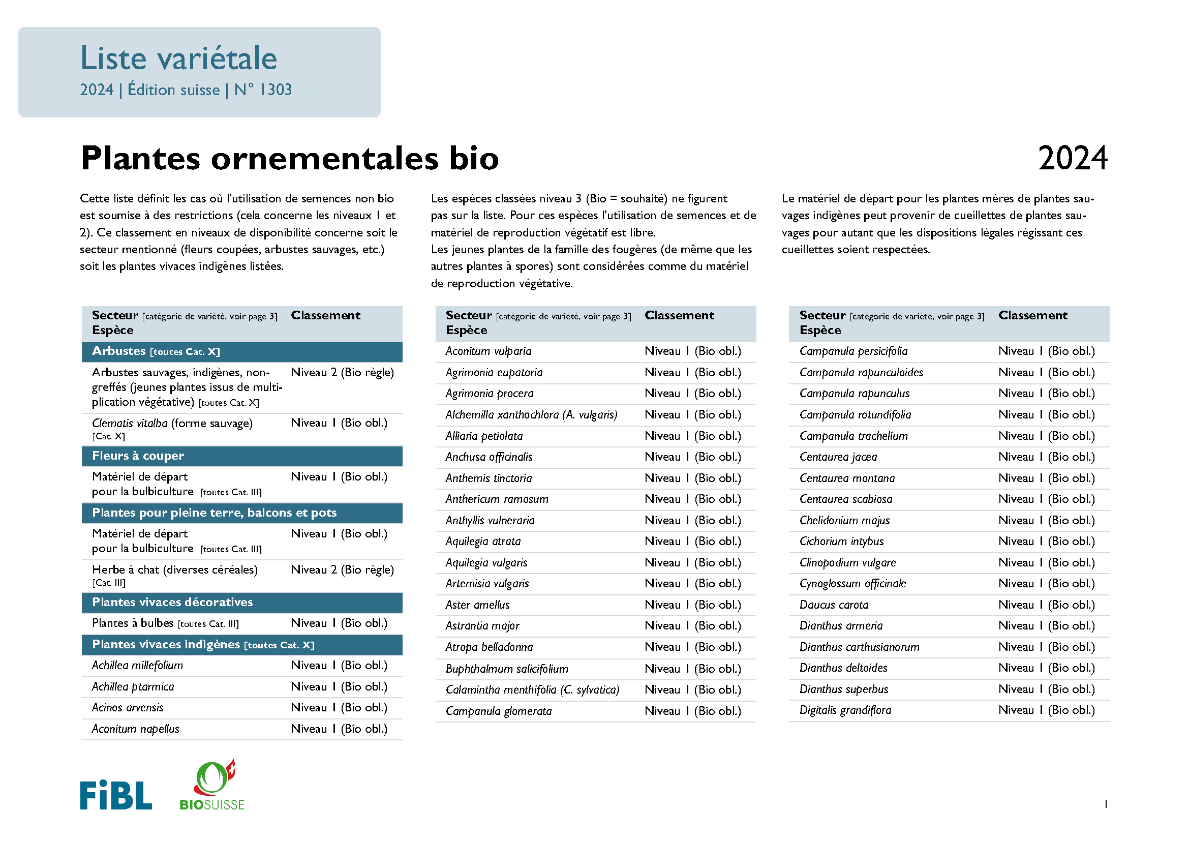 Cover: Liste variétale plantes ornementales bio