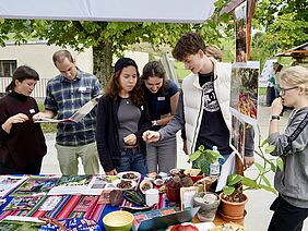 Mehrere Personen sehen sich an einem Stand die Materialien zu Agroforst und Kakaoanbau an