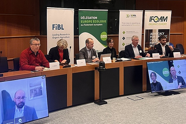 Six people at a podium with two people on screens.