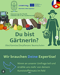 Flyer in Grün "Du bist GärtnerIn? Wir brauchen deine Expertise!" Es hat diverse grafische Elemente von Landwirt bis Traktor und das Projektlogo von Interreg. Der Stil ist etwas verspielt und simpel, allerdings leicht überladen.