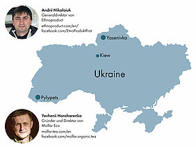 Karte von Ukraine, zwei Kreise, die Andrii Nikolaiuk und Yevhenii Honcharenko darstellen