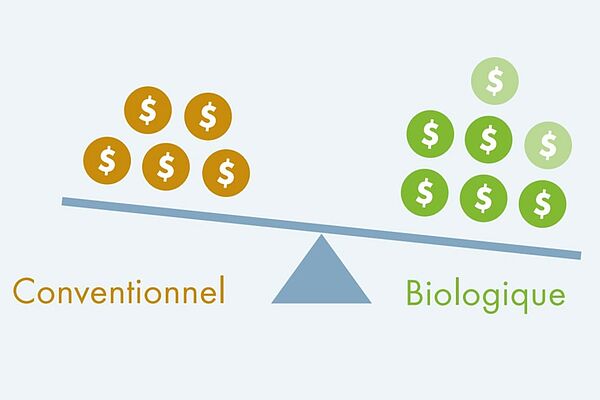 Une balance a plus de signes de dollars à droite pour l'agriculture biologique qu'à gauche pour l'agriculture conventionnelle.