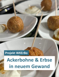 Auf Tellern serviere Spiesse mit Ackerbohnen-Erbsen Bällchen.