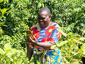 A woman in a field looking at a cell phone.