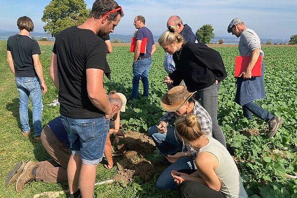 Frauen und Männder schauen sich Bodenproben auf dem Feld an.