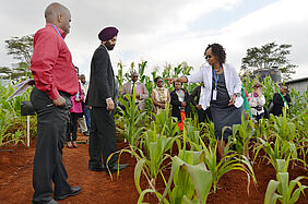 A group of people is standing in a plot of young maize plants. In the front, FiBL project leader Gurbir Bhullar is talking to the Kenyan researcher Anne W. Muriuki.