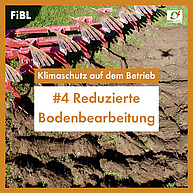 Im Hintergrund ist das Bild eines Pfluges, der schrägoben zu sehen ist. Die meiste Fläche wird von der frisch gepflügten Erde und einem orangenen Banner in der Bildmitte eingenommen "Klimaschutz auf dem Betrieb #4 Reduzierte Bodenbearbeitung"