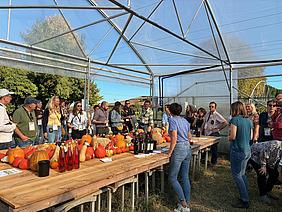 Tisch mit Kürbissen, Wein und Teilnehmenden im Gewächshaus.