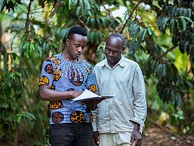 Zwei Männer studieren Notizen, im Hintergrund Kakaobäume
