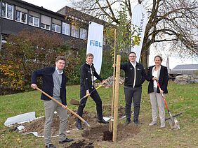 Drei Männer und eine Frau mit Spaten in der Hand stehen um einen frisch gepflanzten Baum