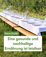 Ein romantisch gedeckter Tisch steht draussen in einer grünen Wiese. Auf einem grünen Textfeld steht: "Neue Studie: Eine gesunde und nachhaltige Ernährung ist leistbar"