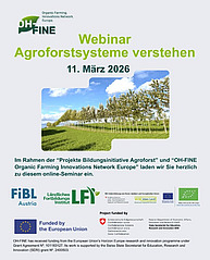 Flyer für einen Event mit sehr vielen Grafiken und Schriftzügen und Logos. "OH-Fine projcect: Online Seminar: Understanding Agroforestry Systems"