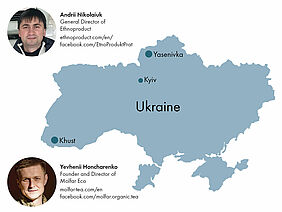 Map of Ukraine, two circles depicting Andrii Nikolaiuk and Yevhenii Honcharenko