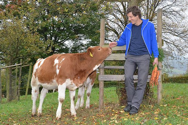 Ein Mann lehnt an einen Baum, ein Kalb schnüffelt an seiner Hand.