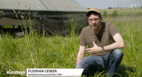 FiBL Forscher Florian Leiber rechts im Bild auf einer grünen Wiese, unten links das Einstein Logo.