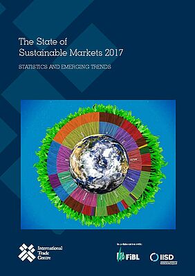 The cover of the "State of Sustainable Markets" report, showing the earth with several standards around it.