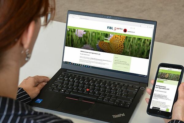 Woman sitting in front of laptop with smartphone in hand. 