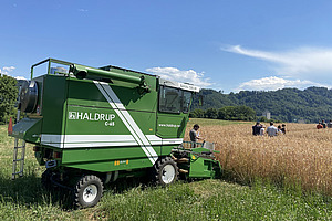 Ein kleinerer Mähdrescher an einem Feld.