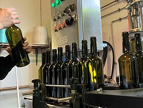 Einige Flaschen in einer Abfüllanlage und eine Hand, die eine Flasche hält.