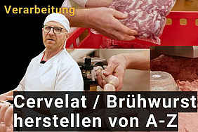Thumbnail eines Videos mit einem Mann im Vordergrund, im Hintergrund Wurstverarbeitung.