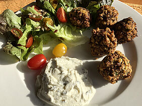 Falafel ,it Quark und Salatbeilage auf einem Teller.