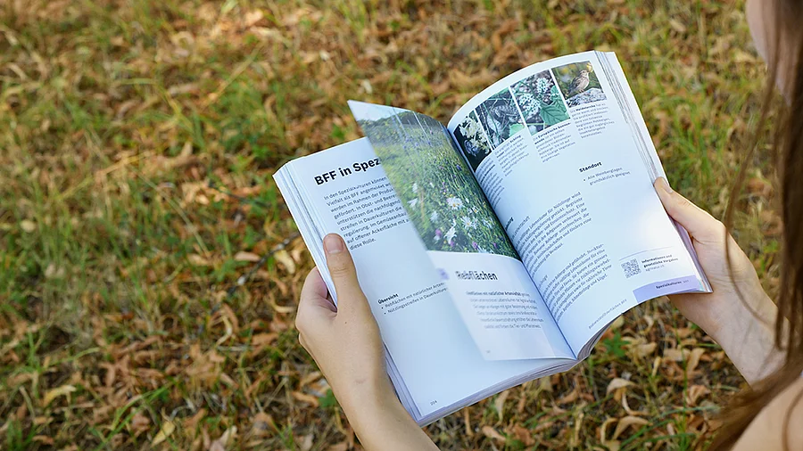 Person hält aufgeschlagenes Buch in der Hand.