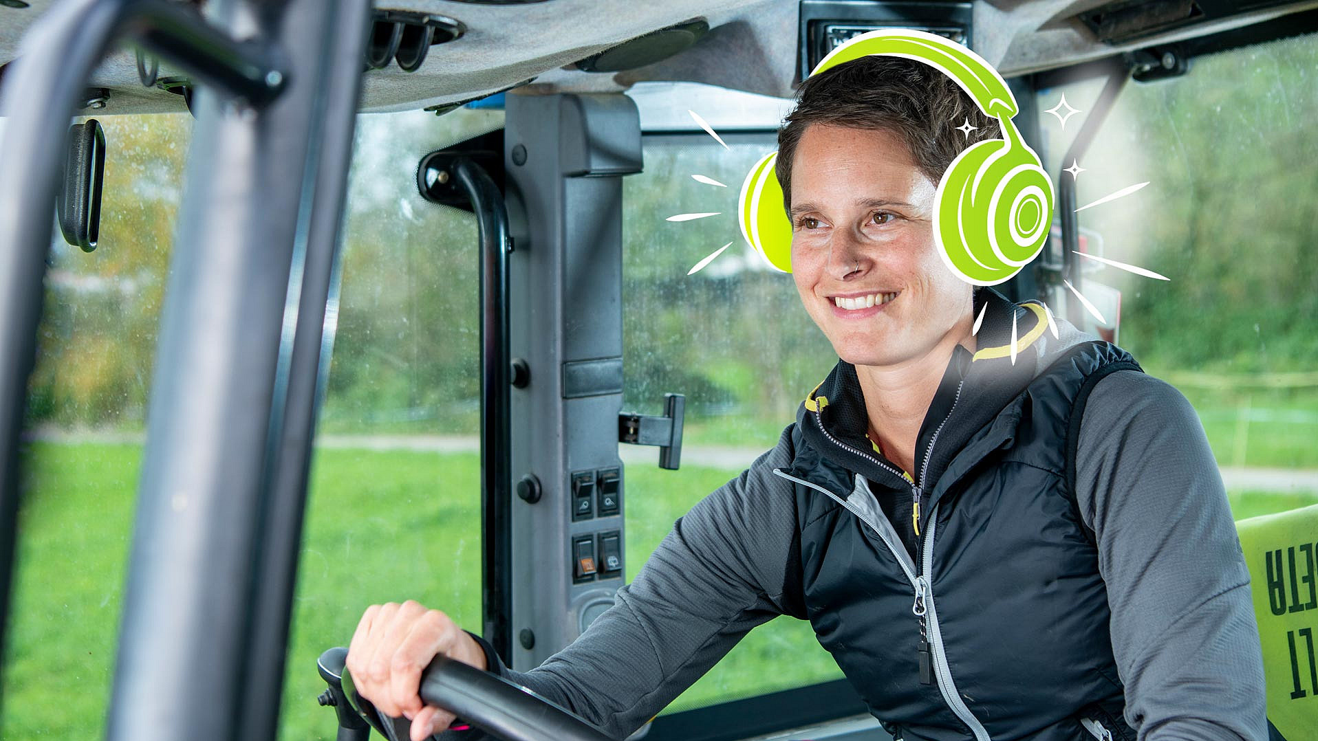 Frau auf Traktor mit gezeichneten Kopfhörern. 