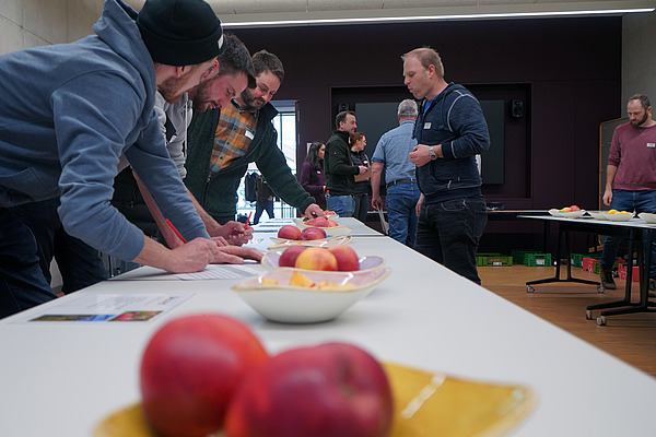 Eine Gruppe Menschen bei einer Apfeldegustation.