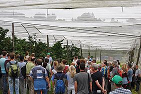 Andi Häseli guiding a tour through the cherry orchard.