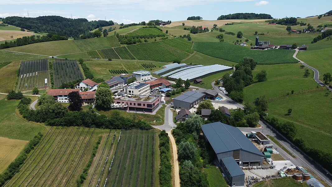 Drone image of the FiBL Campus in Frick.
