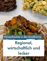 Auf dem Bild ist ein leckeres Essen zu sehen - eine Nahaufnahme eines Tellers mit Nudeln und Sosse. Ein blauer Schriftbalken sagt "Hülsenfrüchte in der Grossküche" und auf einem weissen Balken steht "Regional, wirtschaftlich und lecker"
