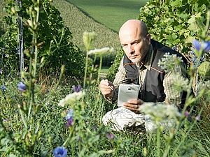 Ein Mann in der Hocke in einer Wiese.