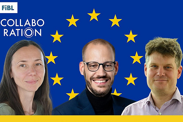 Three people in front of the EU flag.