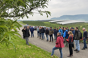 Eine Gruppe Menschen in Obstanlage.