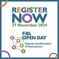 Logo Open FiBL Day und Schriftzug Register Now.