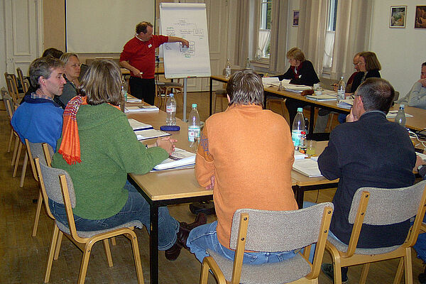 Teilnehmer eines Qualifizierungsseminars im Seminarraum am Tisch