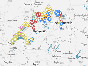 Karte der Schweiz mit verschieden farbigen Pins
