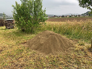 Un tas de sable dans un champ.