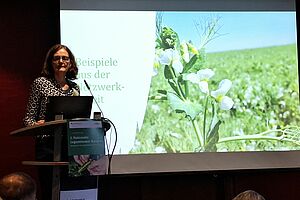 Frau am Redepult, Präsentation an der Wand.
