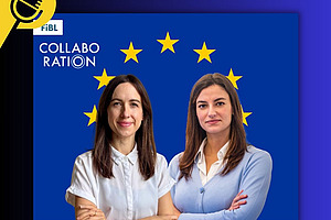 Zwei Frauen vor EU-Sternen. 