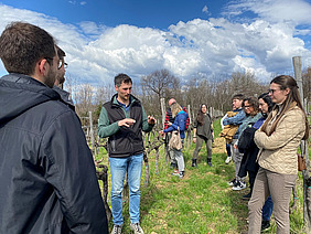 A group of people are listening to a speaker in a vineyard.