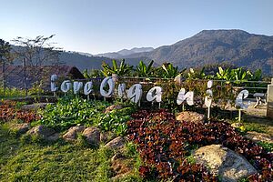 [Translate to Italienisch:] Ein "Love Organic" Schild in Mitten von Pflanzen, im Hintergrund Berge