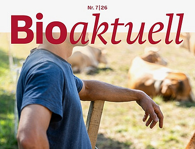 Titelseite Bioaktuell 7|26: Ein Mann lehnt an einen Zaun, im Hintergrund befinden sich Kühe.