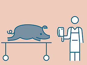 Filmsequenz mit Schwein und Person mit Messer in der Hand.